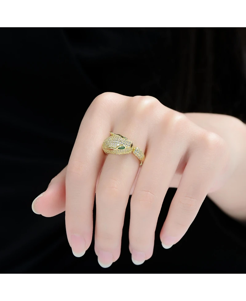 Rachel Glauber Panther Head with Green & Clear Cubic Zirconia Open Band Ring