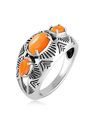 American West Jewelry Sterling Silver Orange Spiny Oyster 3-Stone Oval Band Ring, 10