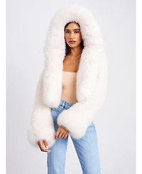 Miss Circle Women's Kali White Cropped Faux Fur Jacket With Hood