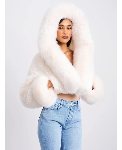 Miss Circle Women's Kali White Cropped Faux Fur Jacket With Hood