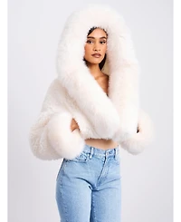 Miss Circle Women's Kali White Cropped Faux Fur Jacket With Hood