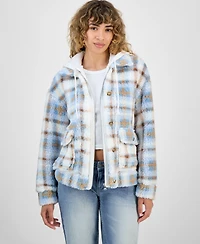 Madden Girl Juniors' Plaid Long-Sleeve Sherpa Jacket