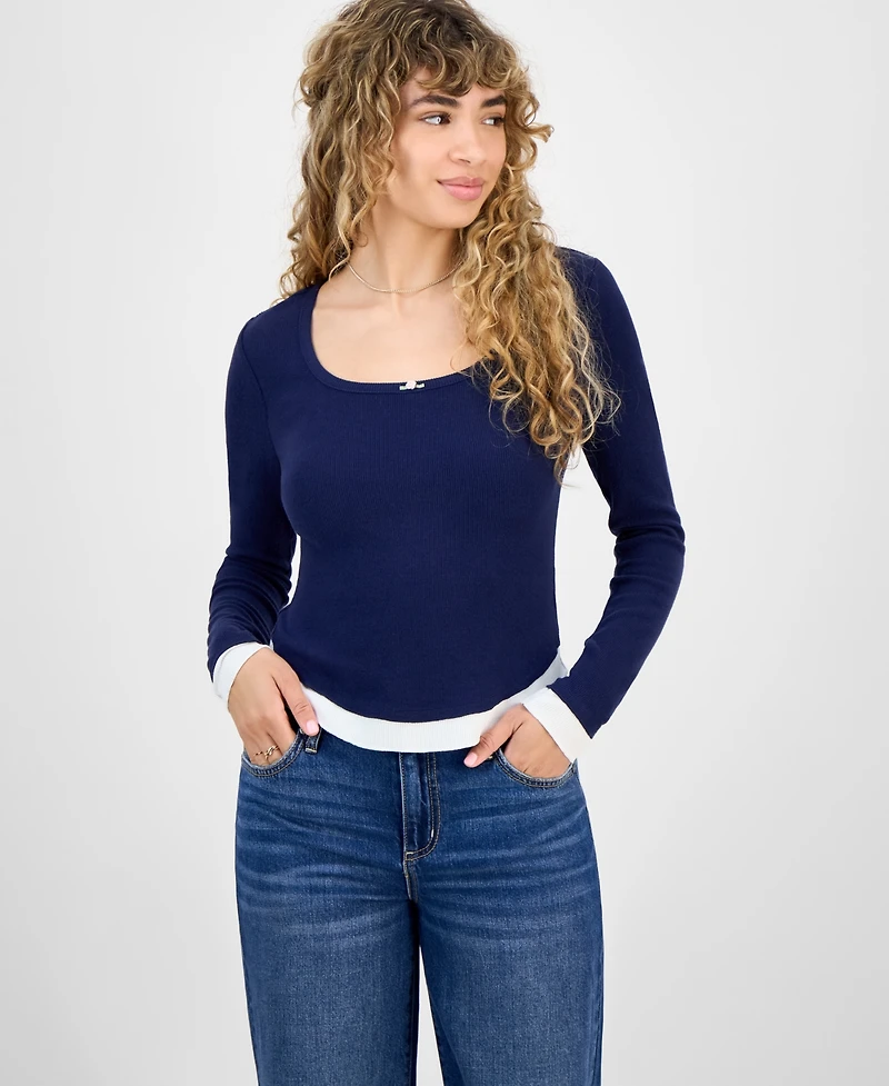 Self Esteem Juniors' Ribbed Layered-Look Long-Sleeve with Rosette