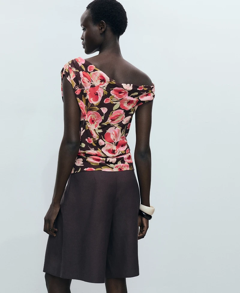 Mango Women's Asymmetrical Neck Floral Blouse