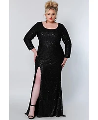 Sydney's Closet Women's Long Sleeve Fitted Scoop Neck Sequin Plus Gown