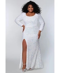 Sydney's Closet Women's Long Sleeve Fitted Scoop Neck Sequin Plus Gown