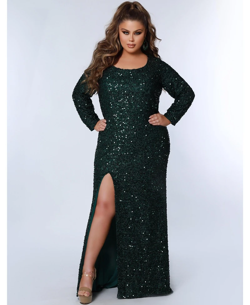 Sydney's Closet Women's Long Sleeve Fitted Scoop Neck Sequin Plus Gown