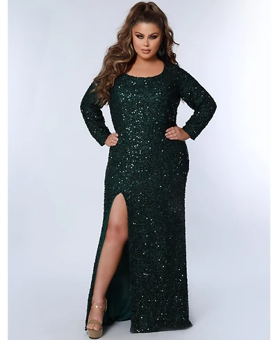 Sydney's Closet Women's Long Sleeve Fitted Scoop Neck Sequin Plus Gown