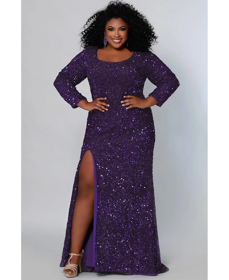Sydney's Closet Women's Long Sleeve Fitted Scoop Neck Sequin Plus Gown