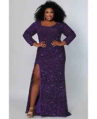 Sydney's Closet Women's Long Sleeve Fitted Scoop Neck Sequin Plus Gown
