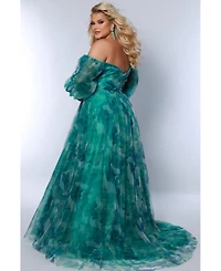Sydney's Closet Women's Floral Strapless Sweetheart Neckline A-Line Gown