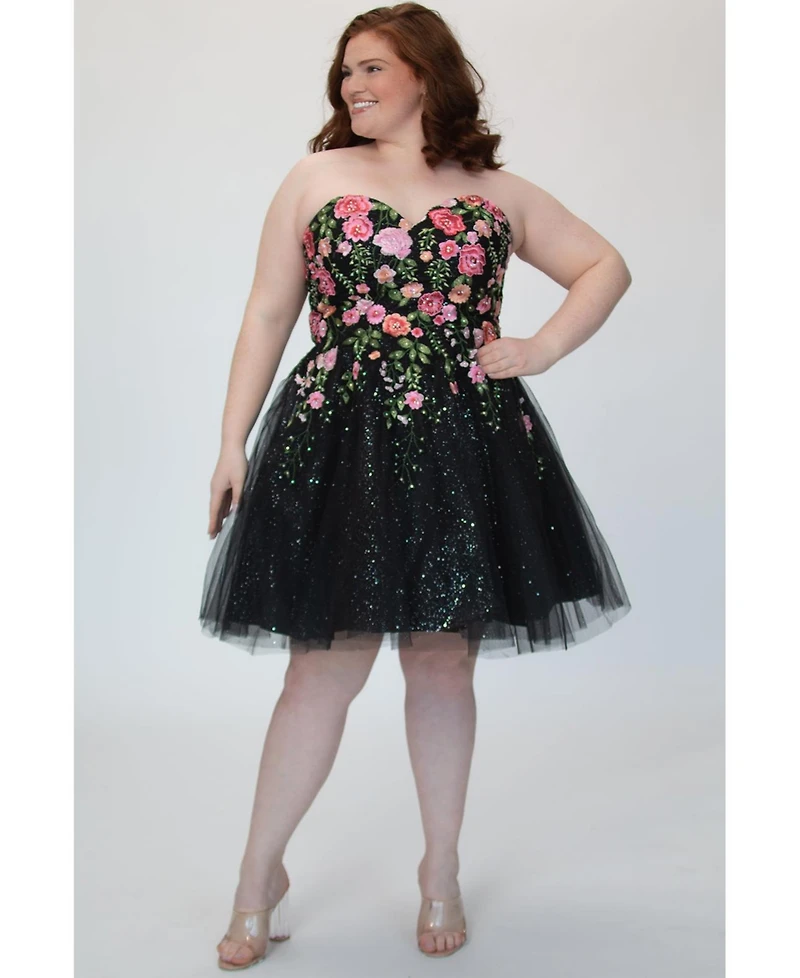 Sydney's Closet Women's Strapless Floral Embroidered Short Party Dress