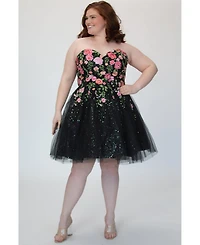 Sydney's Closet Women's Strapless Floral Embroidered Short Party Dress
