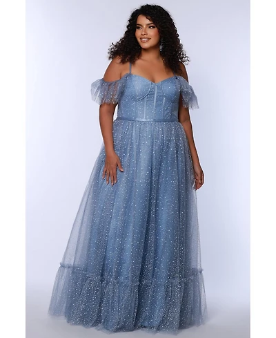 Sydney's Closet Women's V-Neckline Flutter Sleeve Slim A-line Gown