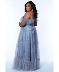 Sydney's Closet Women's V-Neckline Flutter Sleeve Slim A-line Gown