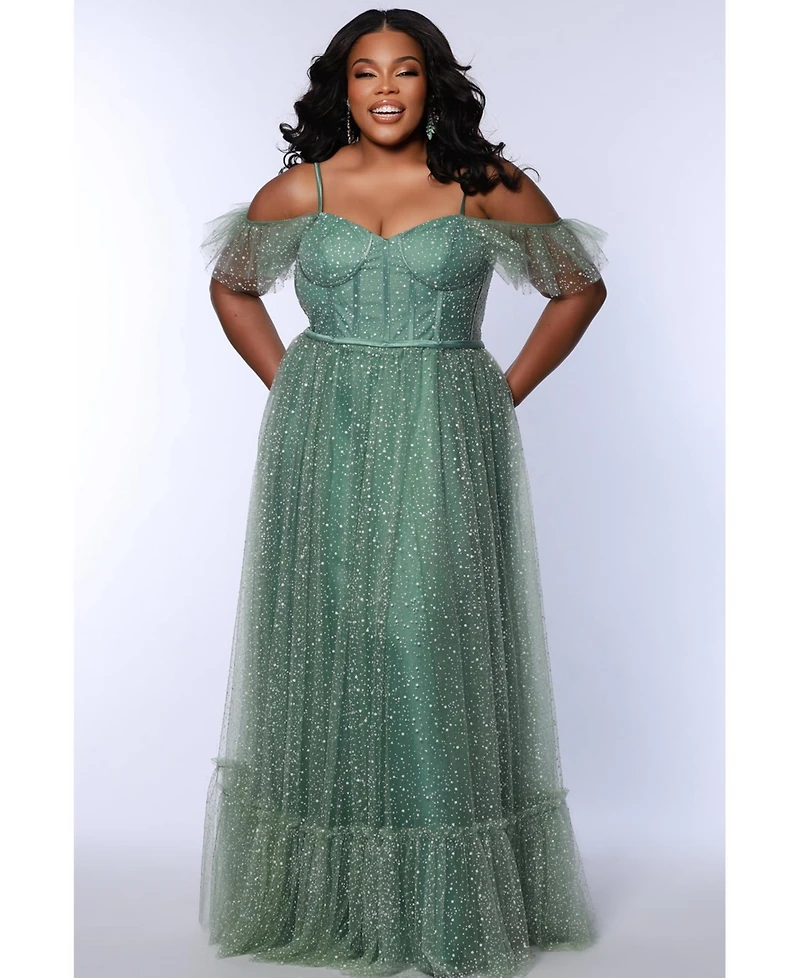 Sydney's Closet Women's V-Neckline Flutter Sleeve Slim A-line Gown