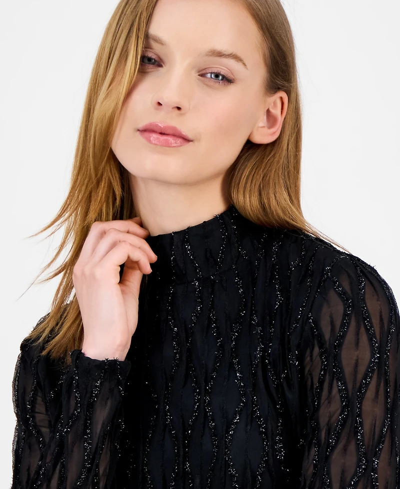 Anne Klein Women's Glitter Long-Sleeve Mock-Neck Top