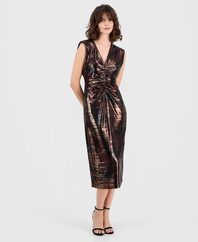 Anne Klein Women's Printed Metallic Sleeveless Midi Dress