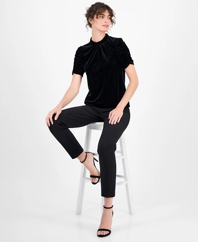 Anne Klein Women's Velour Ruffle-Neck Short-Sleeve Top