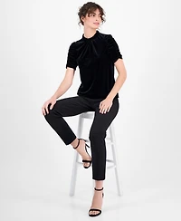 Anne Klein Women's Velour Ruffle-Neck Short-Sleeve Top