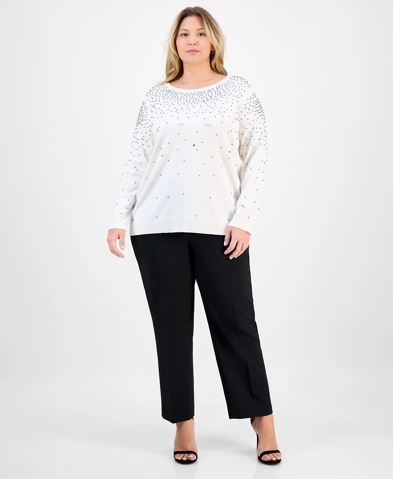 Anne Klein Plus Size Rhinestone Boat-Neck Long-Sleeve Sweater