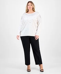 Anne Klein Plus Size Rhinestone Boat-Neck Long-Sleeve Sweater