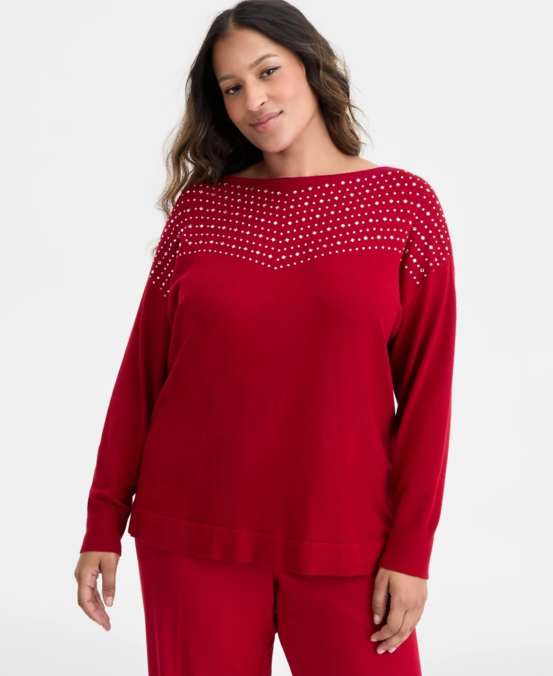 Ak Anne Klein Plus Embellished Boat-Neck Sweater
