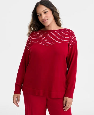 Ak Anne Klein Plus Size Embellished Boat-Neck Sweater