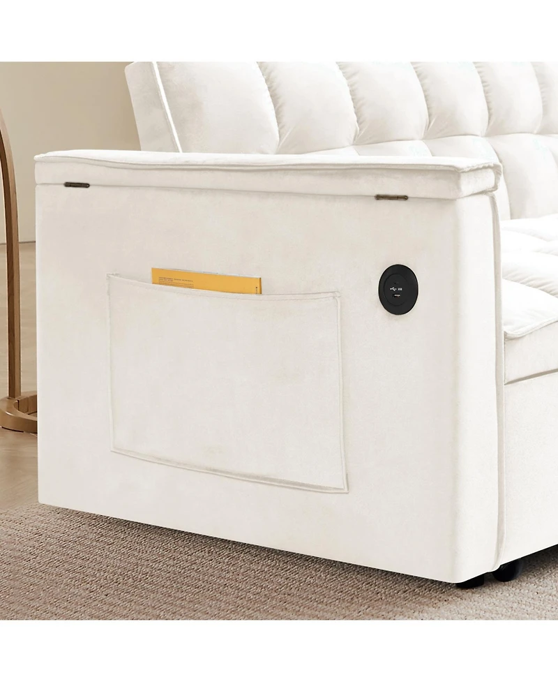 Streamdale Furniture Foldable Velvet Sofa Bed with Usb Desk (Beige)
