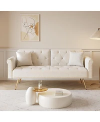 Streamdale Furniture Beige Velvet Sofa Bed with Nailhead Trim & Throw Pillow