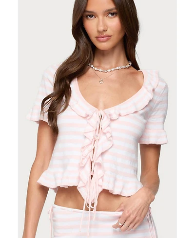 Edikted Women's Janelle Striped Knit Tie Front Top