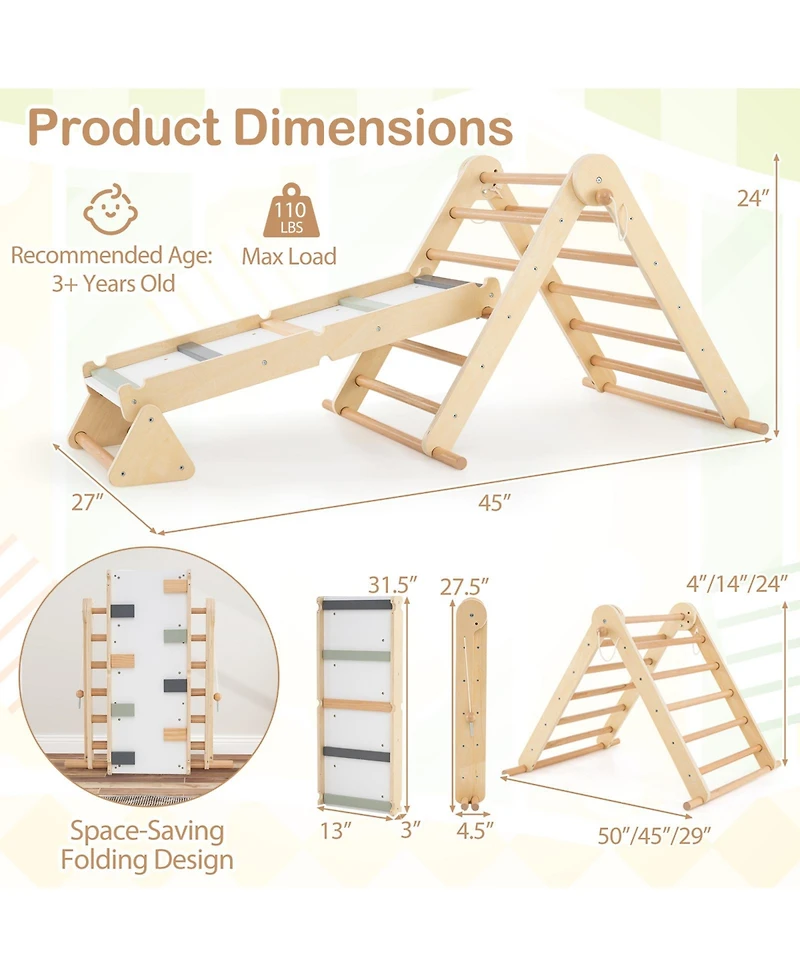 Gymax 3-in-1 Pikler Triangle Climbing Set Kids Montessori Climbing Toys Wooden Climber