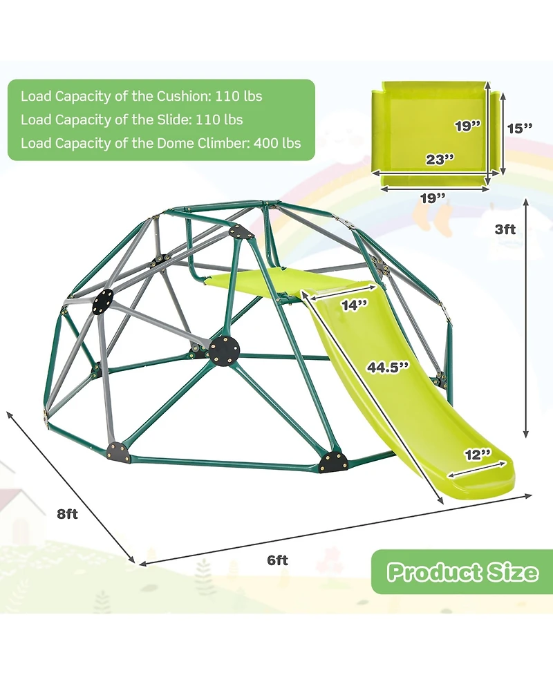 Gymax Toddler 8FT Climbing Dome w/ Slide Outdoor Jungle Gym Dome Climber Green & Gray