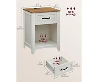 Farmhouse Nightstand with Drawer, Shelf, and Charging Station, Set of Bedside Tables