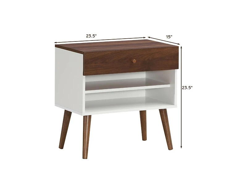 Mid-Century Nightstand with Storage Drawer and Tapered Rubber Wood Legs