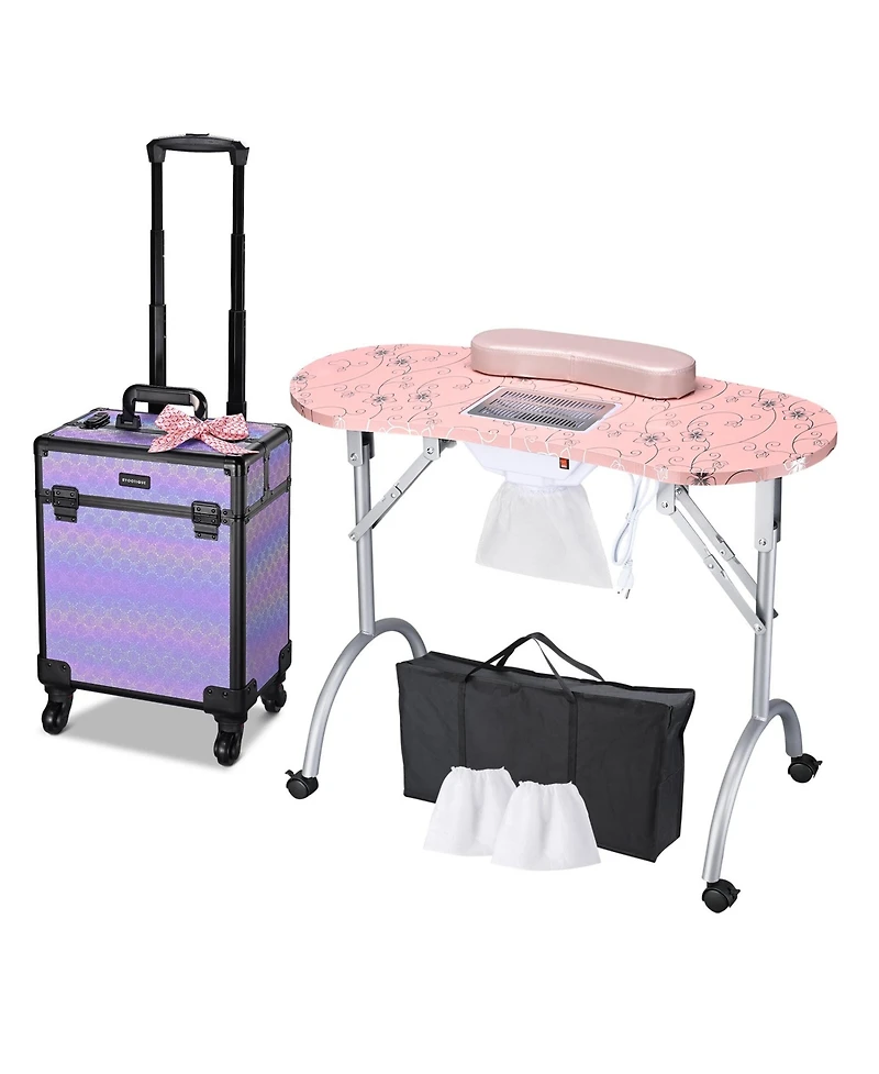 Byootique Folding Manicure Table & Rolling Makeup Train Case Charm ForgetMeNot