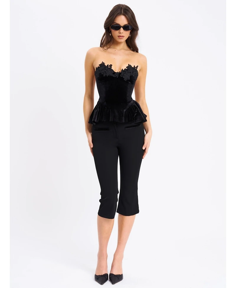 Miss Circle Women's Qiara Black Velvet Peplum Top with Lace Trim