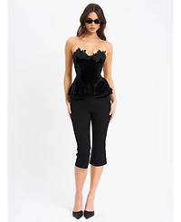 Miss Circle Women's Qiara Black Velvet Peplum Top with Lace Trim