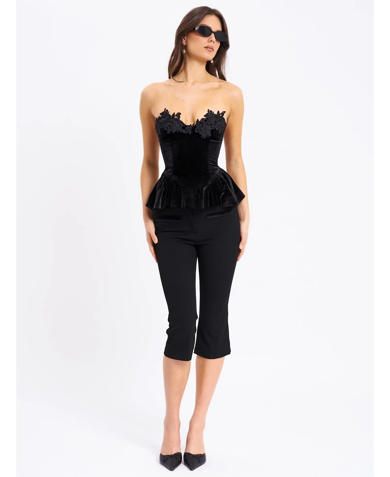 Miss Circle Women's Qiara Black Velvet Peplum Top with Lace Trim