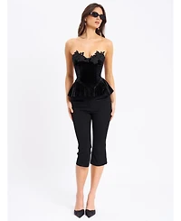 Miss Circle Women's Qiara Black Velvet Peplum Top with Lace Trim