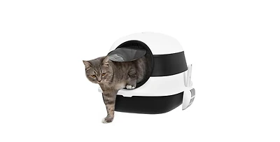 Aostirmotor Cat Litter Box with Lid, Large Two-Way Entrance Kitty Litter Box, Foldable, White and Black