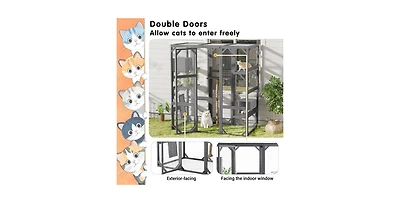 Aostirmotor Outdoor Cat House Double Door Playpen with Condo Dark Grey