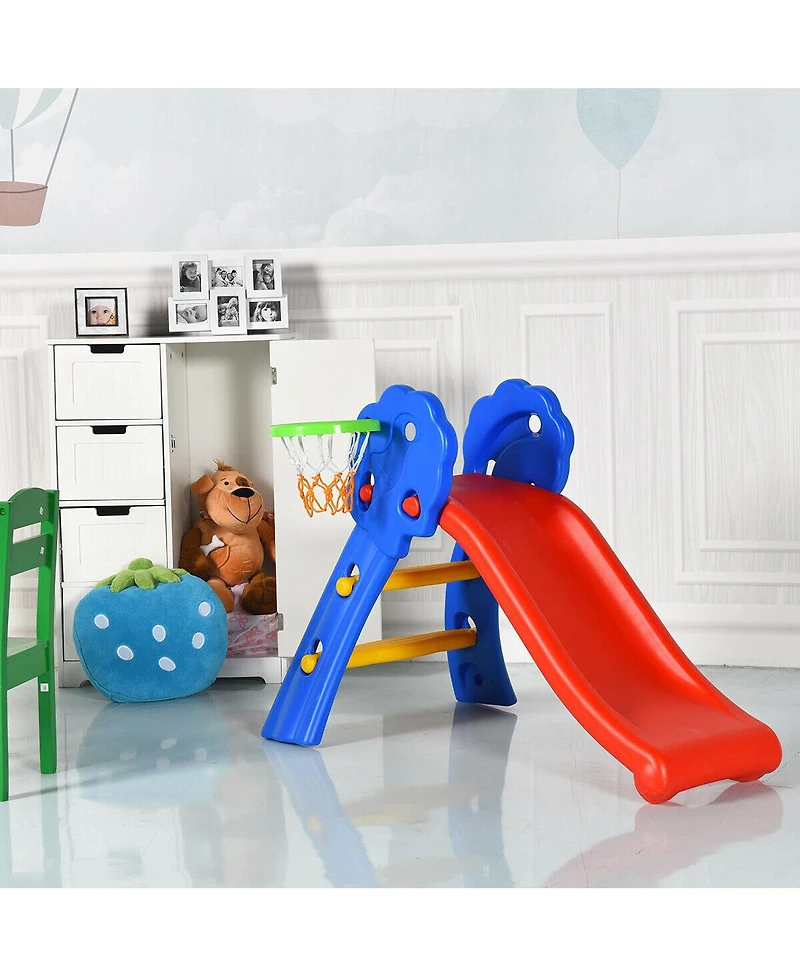 Gymax Toddler 2 Step Children Folding Slide w/ Basketball Hoop Indoor & Outdoor