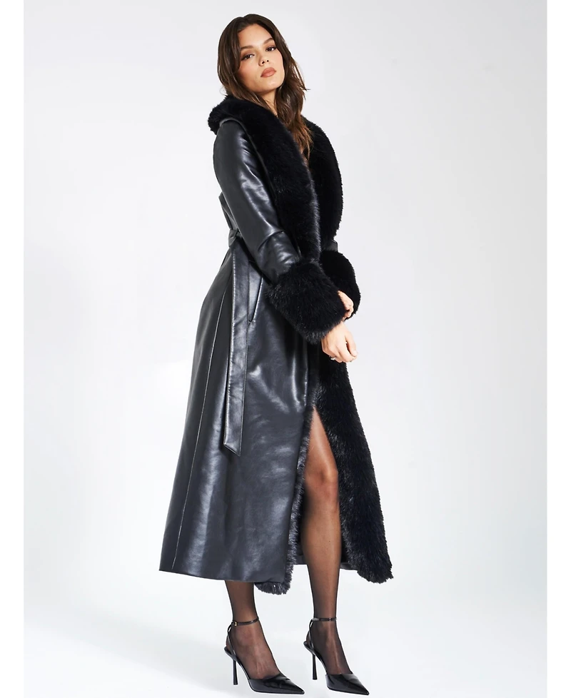 Miss Circle Women Zaida Black Faux Fur Trim Leather Coat