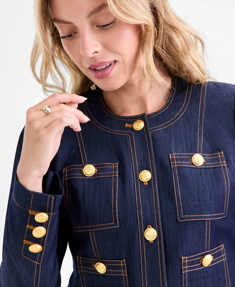 Tahari Asl Women's Cropped Button-Front Denim Jacket