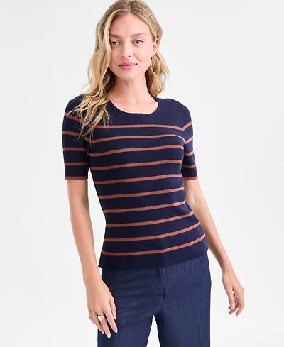 Tahari Asl Women's Petite Striped Short-Sleeve Sweater