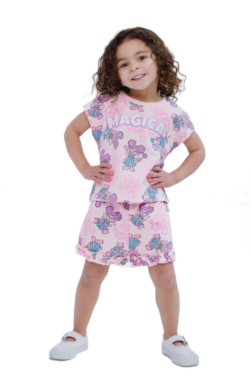 Sesame Street Baby Girls' Abby Cadabby Waffle-Knit Short-Sleeve Ruffled-Trim T-Shirt and Shorts, 2-Piece Set