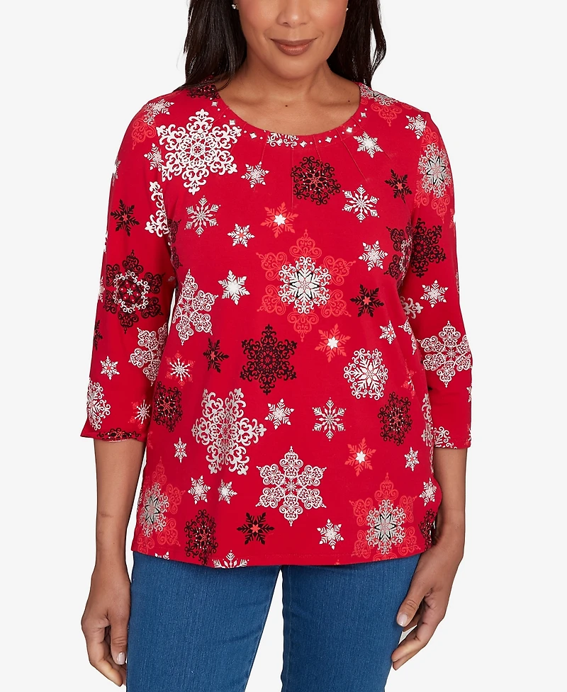 Alfred Dunner Petite Snowflake Embellished Top
