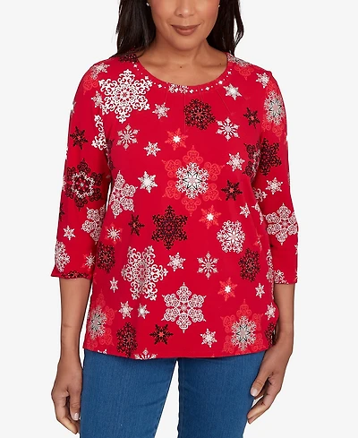 Alfred Dunner Petite Snowflake Embellished Top