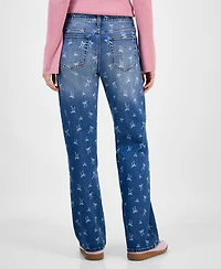 Tinseltown Juniors' Mid-Rise Bow-Print Baggy Jeans